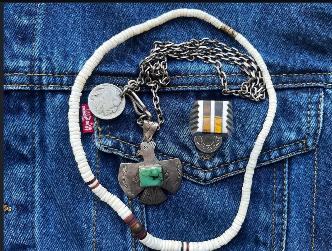 American Navajo and Mexican silver jewelry, including a 1970s Navajo stone necklace or bracelet, a handmade Mexican 925 silver ring from the 1980s-1990s, and a 1960s Navajo Zuni thunderbird necklace in 925 silver