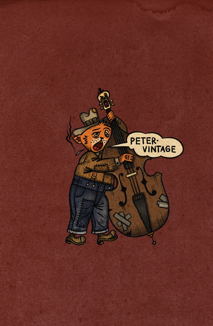 Full-color devil mascot flash art on aged cream paper — the tattoo-flash roots of the Peter Vintage brand.