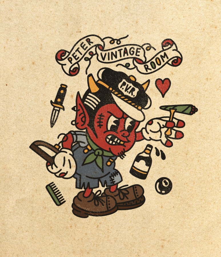 Illustrated cat-with-bass mascot lettering 'Peter Vintage' in patch-style type, on brick red — a lighter cut of the shop's flash art.