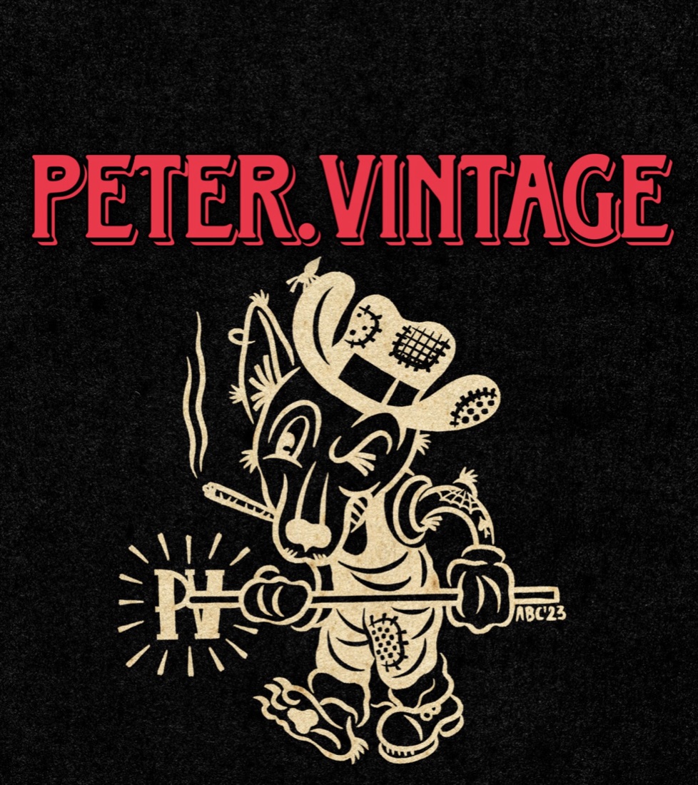 Peter Vintage mascot lockup — illustrated fox-skeleton mark in tattoo-flash style, on black